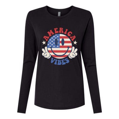 America Vibes Smile Face American Flag Groovy 4th Of July Cool Gift Womens Cotton Relaxed Long Sleeve T-Shirt