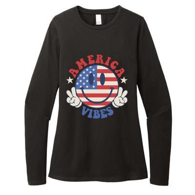 America Vibes Smile Face American Flag Groovy 4th Of July Cool Gift Womens CVC Long Sleeve Shirt