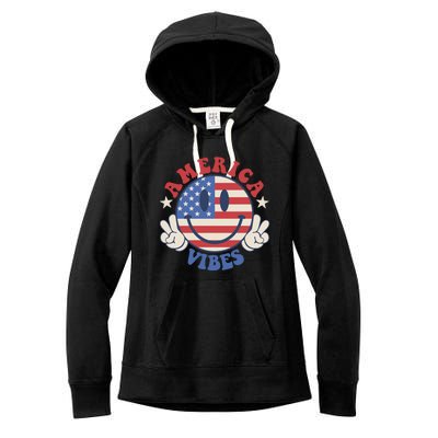 America Vibes Smile Face American Flag Groovy 4th Of July Cool Gift Women's Fleece Hoodie