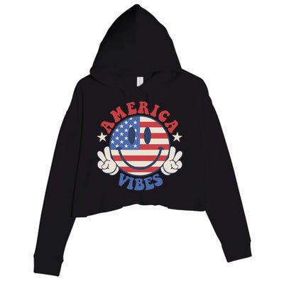 America Vibes Smile Face American Flag Groovy 4th Of July Cool Gift Crop Fleece Hoodie