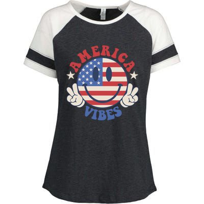 America Vibes Smile Face American Flag Groovy 4th Of July Cool Gift Enza Ladies Jersey Colorblock Tee