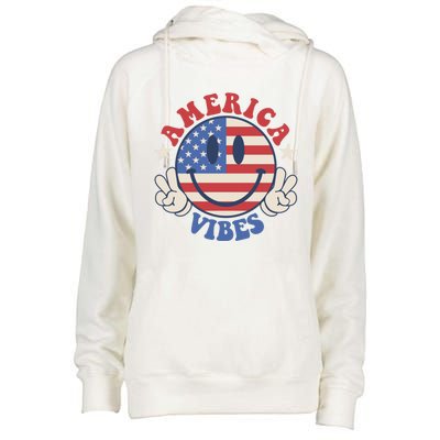 America Vibes Smile Face American Flag Groovy 4th Of July Cool Gift Womens Funnel Neck Pullover Hood