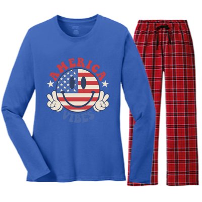 America Vibes Smile Face American Flag Groovy 4th Of July Cool Gift Women's Long Sleeve Flannel Pajama Set 