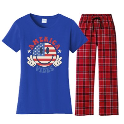 America Vibes Smile Face American Flag Groovy 4th Of July Cool Gift Women's Flannel Pajama Set