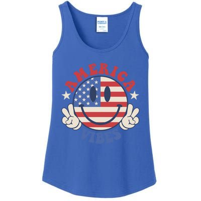 America Vibes Smile Face American Flag Groovy 4th Of July Cool Gift Ladies Essential Tank