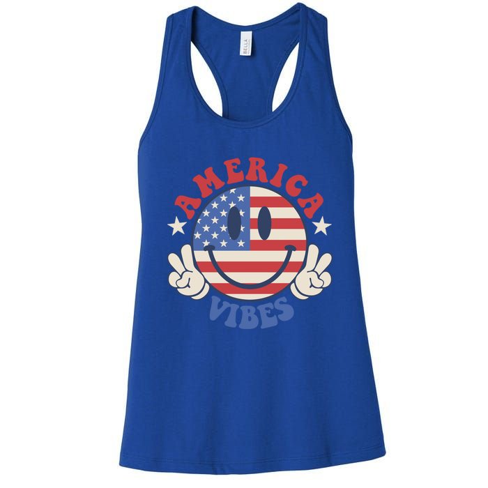 America Vibes Smile Face American Flag Groovy 4th Of July Cool Gift Women's Racerback Tank