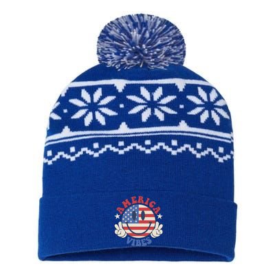 America Vibes Smile Face American Flag Groovy 4th Of July Cool Gift USA-Made Snowflake Beanie