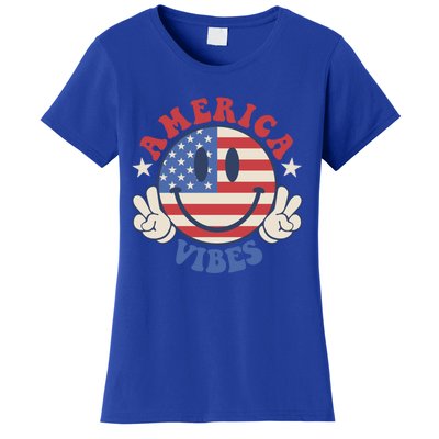 America Vibes Smile Face American Flag Groovy 4th Of July Cool Gift Women's T-Shirt