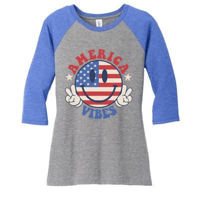 America Vibes Smile Face American Flag Groovy 4th Of July Cool Gift Women's Tri-Blend 3/4-Sleeve Raglan Shirt