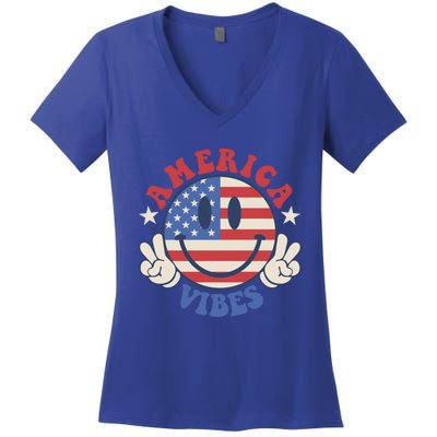 America Vibes Smile Face American Flag Groovy 4th Of July Cool Gift Women's V-Neck T-Shirt