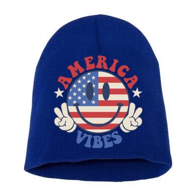 America Vibes Smile Face American Flag Groovy 4th Of July Cool Gift Short Acrylic Beanie