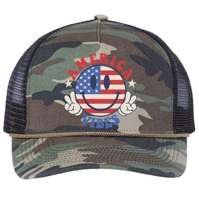 America Vibes Smile Face American Flag Groovy 4th Of July Cool Gift Retro Rope Trucker Hat Cap