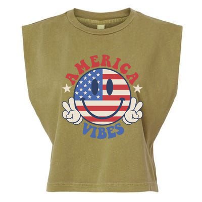 America Vibes Smile Face American Flag Groovy 4th Of July Cool Gift Garment-Dyed Women's Muscle Tee