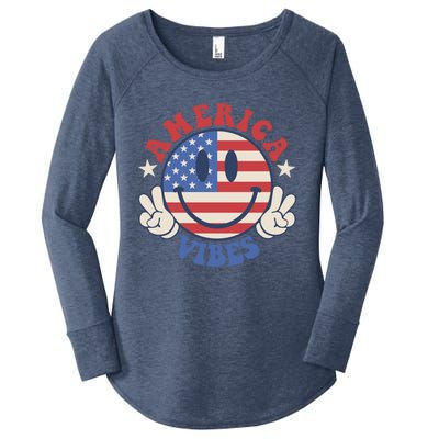 America Vibes Smile Face American Flag Groovy 4th Of July Cool Gift Women's Perfect Tri Tunic Long Sleeve Shirt