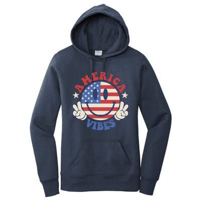 America Vibes Smile Face American Flag Groovy 4th Of July Cool Gift Women's Pullover Hoodie