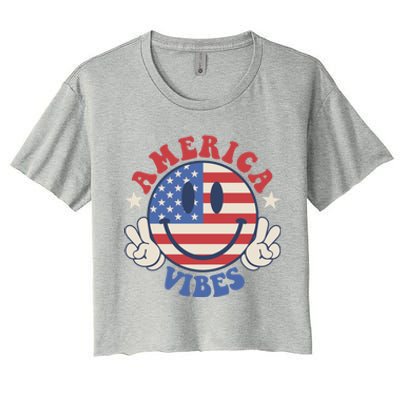 America Vibes Smile Face American Flag Groovy 4th Of July Cool Gift Women's Crop Top Tee