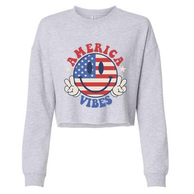 America Vibes Smile Face American Flag Groovy 4th Of July Cool Gift Cropped Pullover Crew