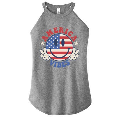 America Vibes Smile Face American Flag Groovy 4th Of July Cool Gift Women's Perfect Tri Rocker Tank