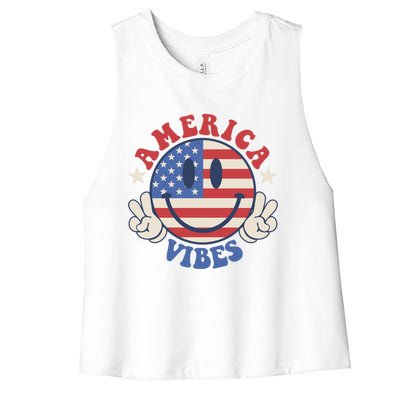 America Vibes Smile Face American Flag Groovy 4th Of July Cool Gift Women's Racerback Cropped Tank