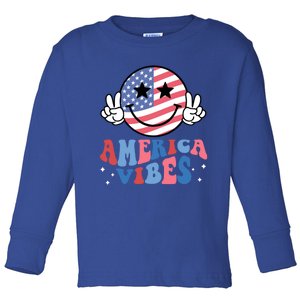 America Vibes Smile Face Usa Flag Retro Groovy 4th Of July Gift Toddler Long Sleeve Shirt