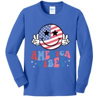 America Vibes Smile Face Usa Flag Retro Groovy 4th Of July Gift Kids Long Sleeve Shirt