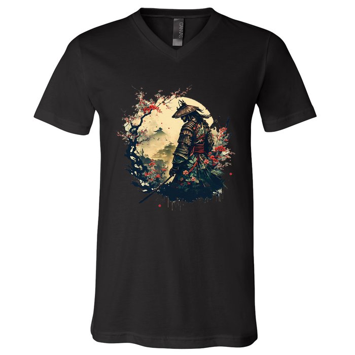 Aesthetic Vintage Samurai Japanese Art Samurai Retro Cherry V-Neck T-Shirt