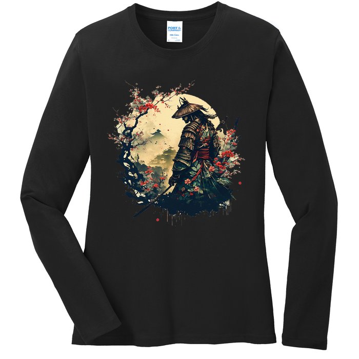 Aesthetic Vintage Samurai Japanese Art Samurai Retro Cherry Ladies Long Sleeve Shirt