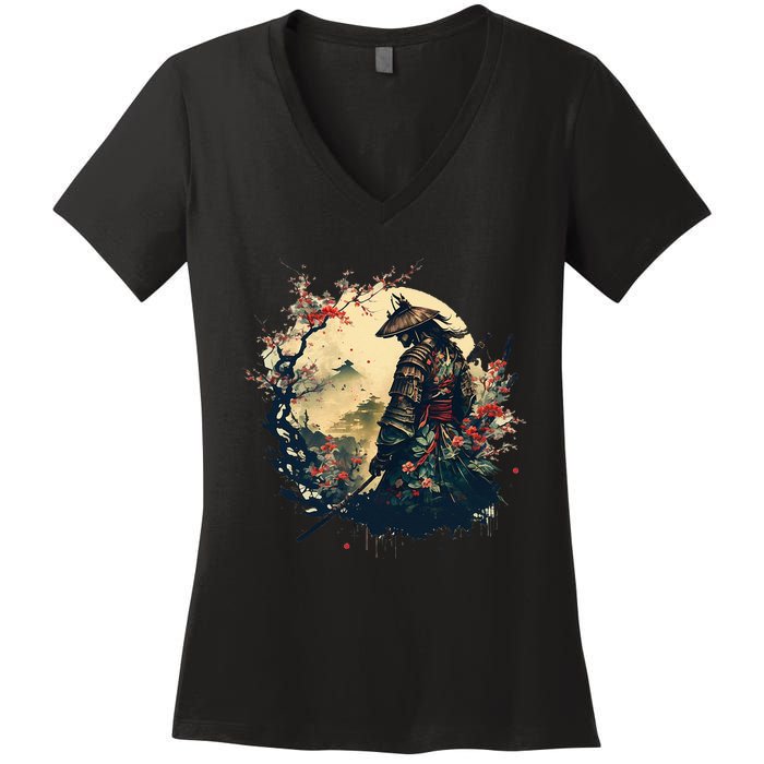 Aesthetic Vintage Samurai Japanese Art Samurai Retro Cherry Women's V-Neck T-Shirt