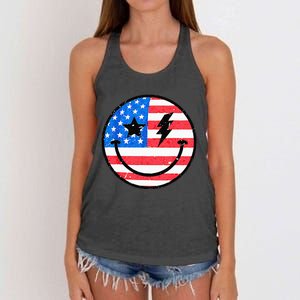 America Vibes Smile Face American Flag 4th Of July USA Flag Women's Knotted Racerback Tank