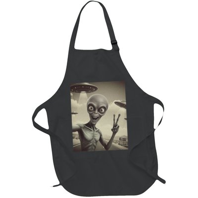 Alien Visit Selfie Area 51 Funny Peace Sign Ufo Conspiracy Full-Length Apron With Pockets
