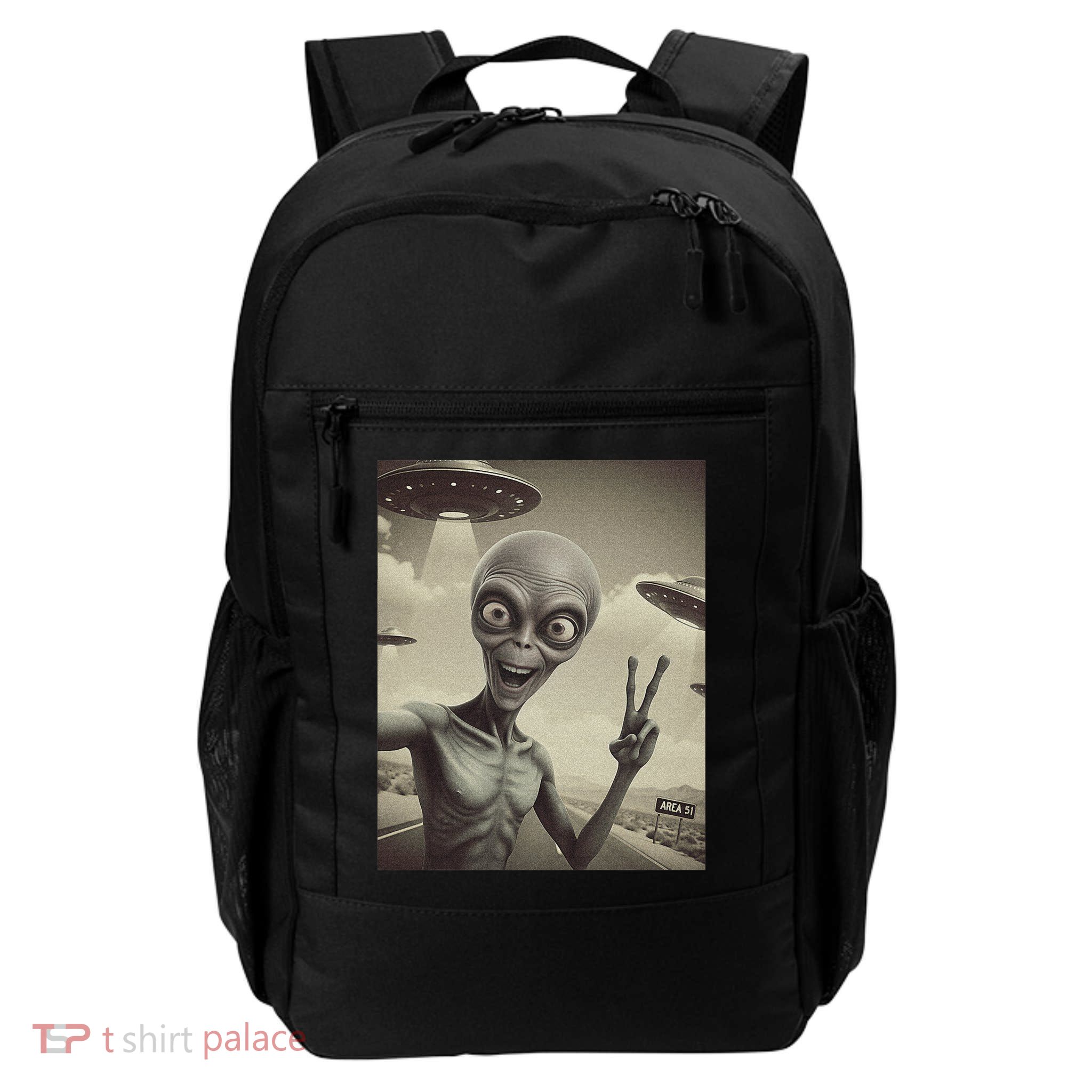 Alien Visit Selfie Area 51 Funny Peace Sign Ufo Conspiracy Daily Commute Backpack