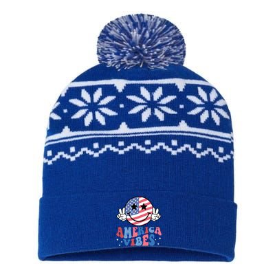 America Vibes Smile Face Usa Flag Retro Groovy 4th Of July Gift USA-Made Snowflake Beanie