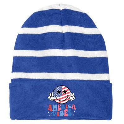 America Vibes Smile Face Usa Flag Retro Groovy 4th Of July Gift Striped Beanie with Solid Band