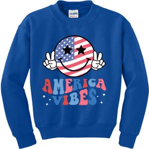 America Vibes Smile Face Usa Flag Retro Groovy 4th Of July Gift Kids Sweatshirt