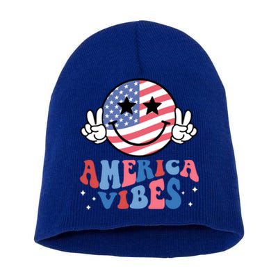 America Vibes Smile Face Usa Flag Retro Groovy 4th Of July Gift Short Acrylic Beanie