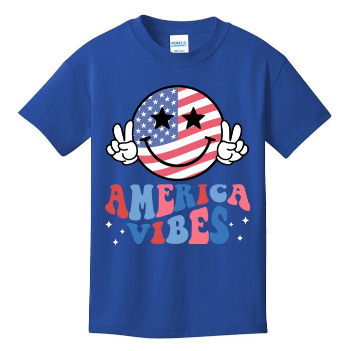 America Vibes Smile Face Usa Flag Retro Groovy 4th Of July Gift Kids T-Shirt