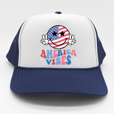 America Vibes Smile Face Usa Flag Retro Groovy 4th Of July Gift Trucker Hat