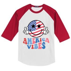 America Vibes Smile Face Usa Flag Retro Groovy 4th Of July Gift Kids Colorblock Raglan Jersey