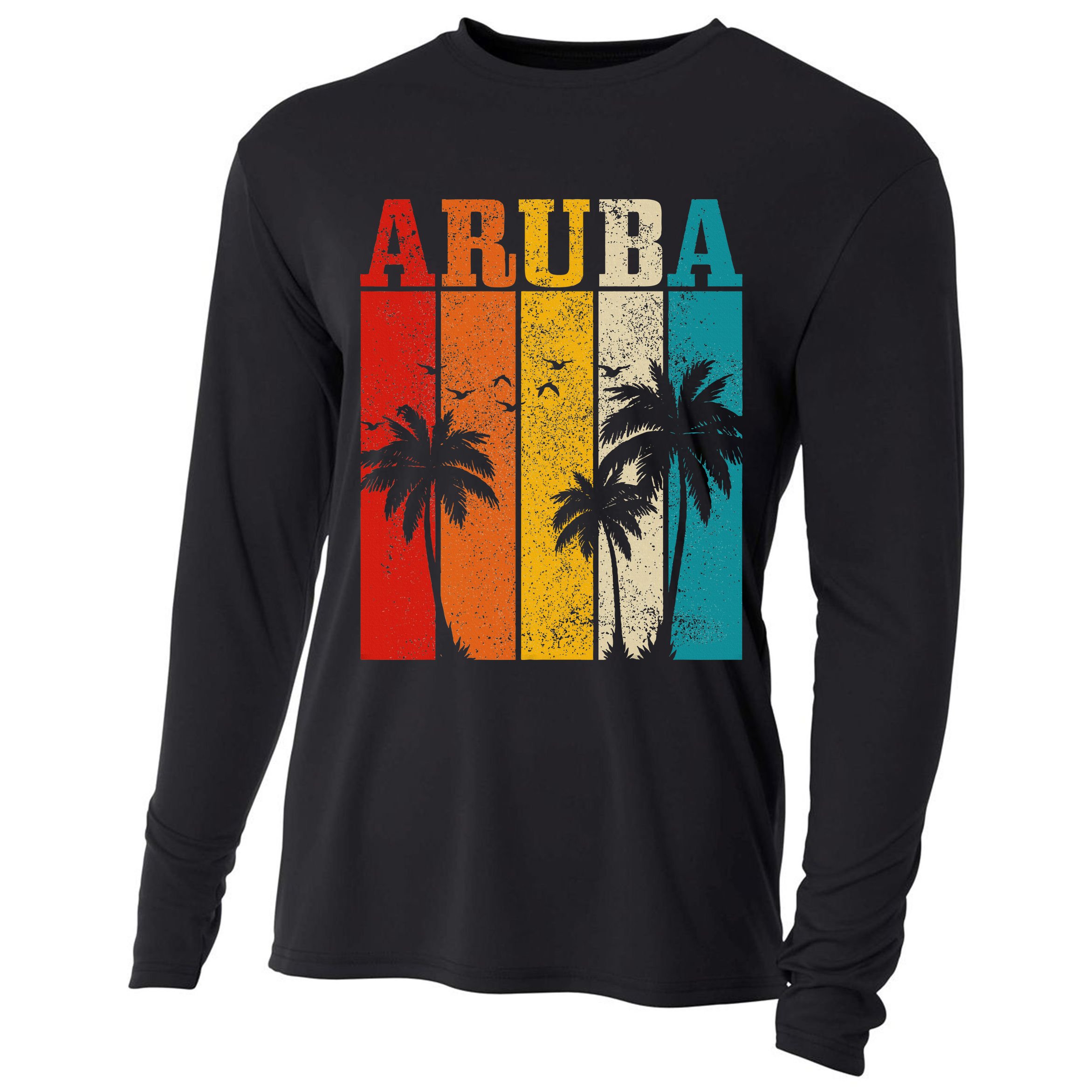Aruba Vintage Surf Palm Trees Surfer Souvenir Cooling Performance Long Sleeve Crew