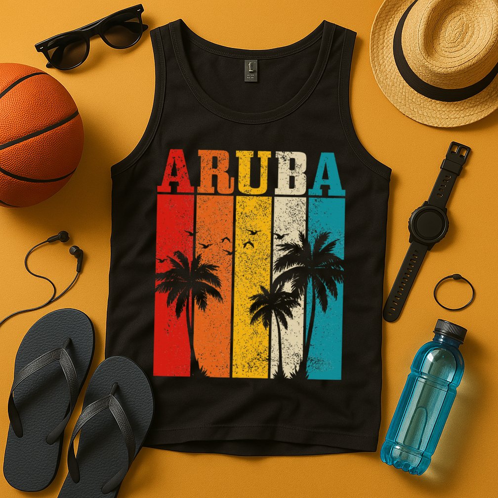 Aruba Vintage Surf Palm Trees Surfer Souvenir Tank Top