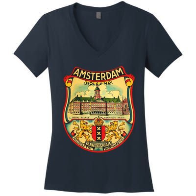 Amsterdam Vintage Travel Decal Women's V-Neck T-Shirt