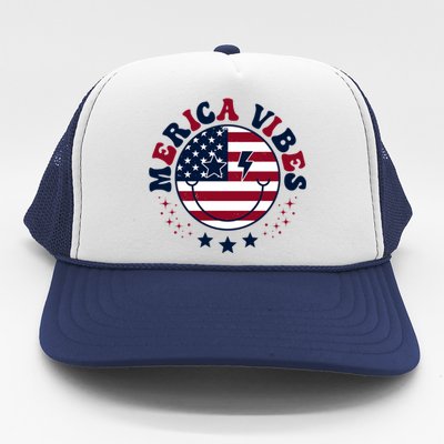 America Vibes Usa Flag 4th Of July American Face Smile Retro Gift Trucker Hat