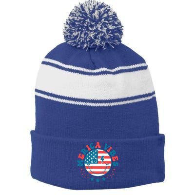 America Vibes Usa Flag 4th Of July American Face Smile Retro Cool Gift Stripe Pom Pom Beanie