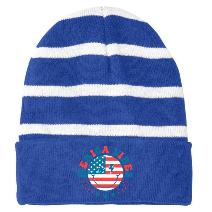 America Vibes Usa Flag 4th Of July American Face Smile Retro Cool Gift Striped Beanie with Solid Band