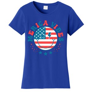 America Vibes Usa Flag 4th Of July American Face Smile Retro Cool Gift Women's T-Shirt