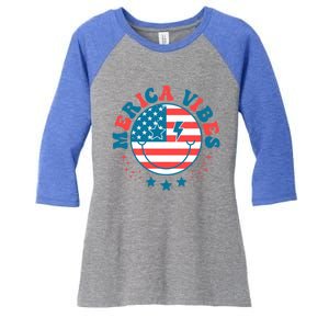 America Vibes Usa Flag 4th Of July American Face Smile Retro Cool Gift Women's Tri-Blend 3/4-Sleeve Raglan Shirt