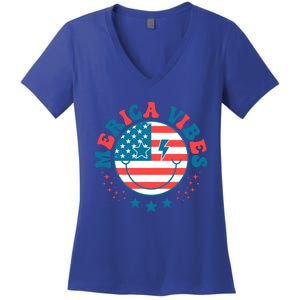 America Vibes Usa Flag 4th Of July American Face Smile Retro Cool Gift Women's V-Neck T-Shirt