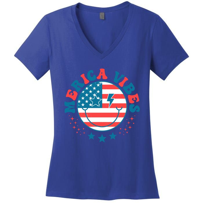 America Vibes Usa Flag 4th Of July American Face Smile Retro Cool Gift Women's V-Neck T-Shirt