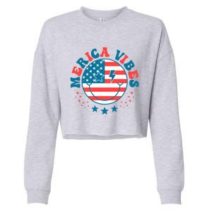 America Vibes Usa Flag 4th Of July American Face Smile Retro Cool Gift Cropped Pullover Crew