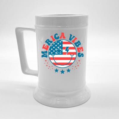 America Vibes Usa Flag 4th Of July American Face Smile Retro Cool Gift Beer Stein